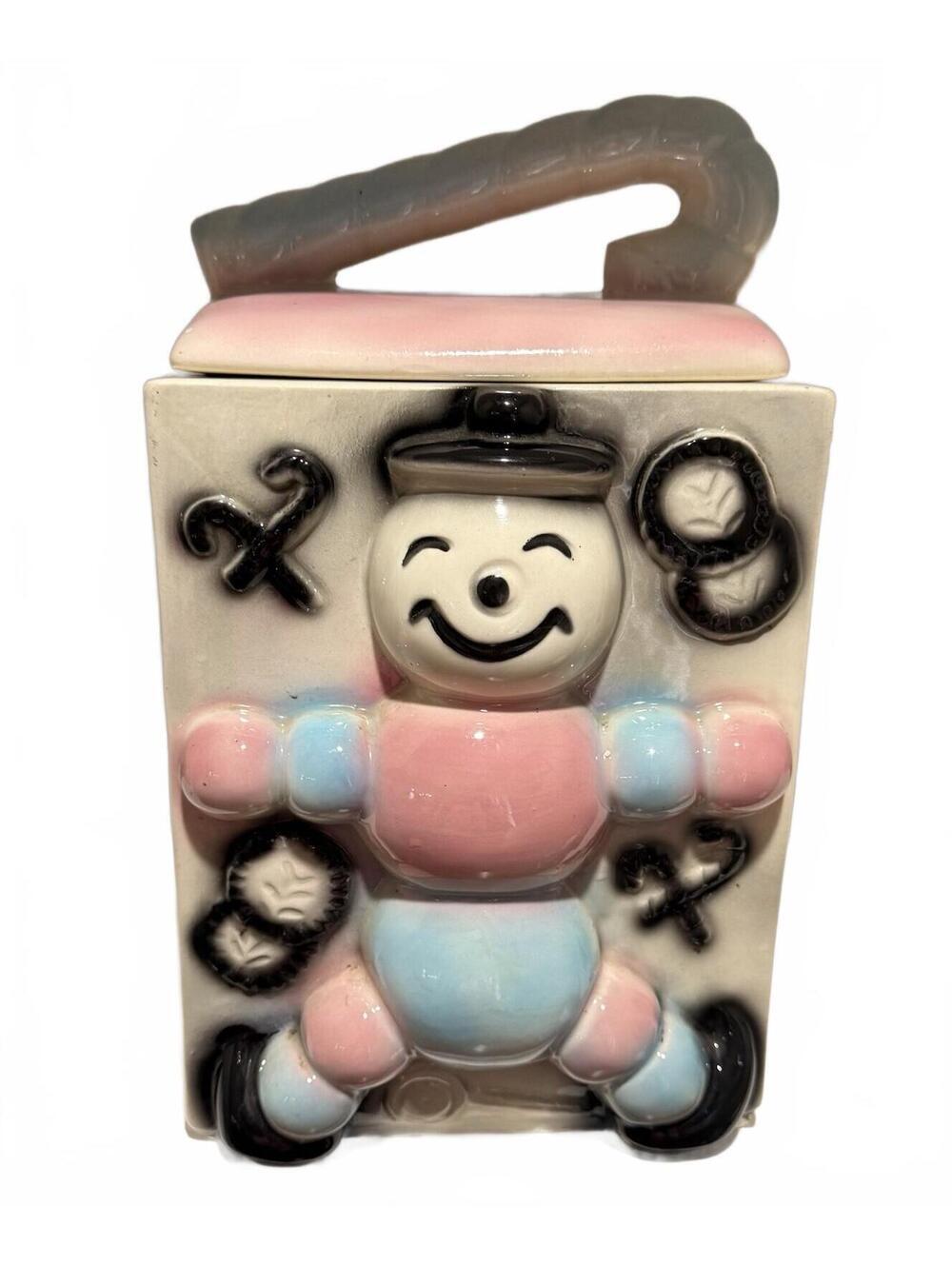 Vintage American Bisque Candy Cane Snowman Puppet Blue Pink Cookie Jar w/Lid